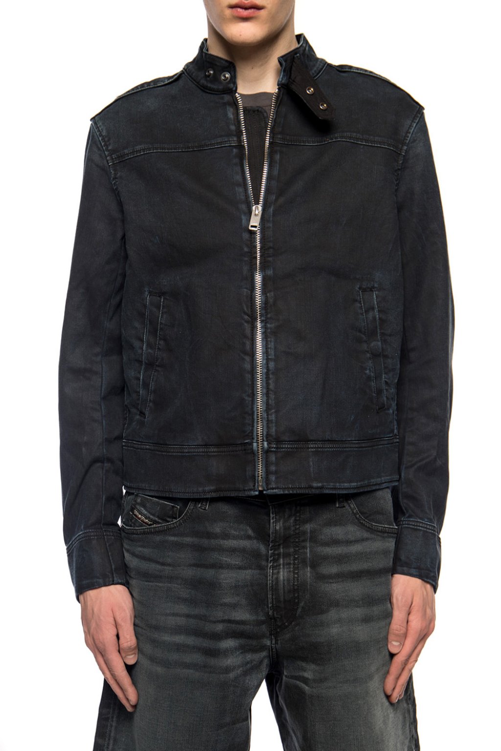 band collar denim jacket