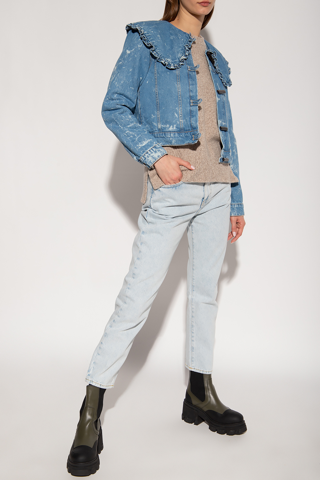 Ganni Denim jacket with ruffle collar