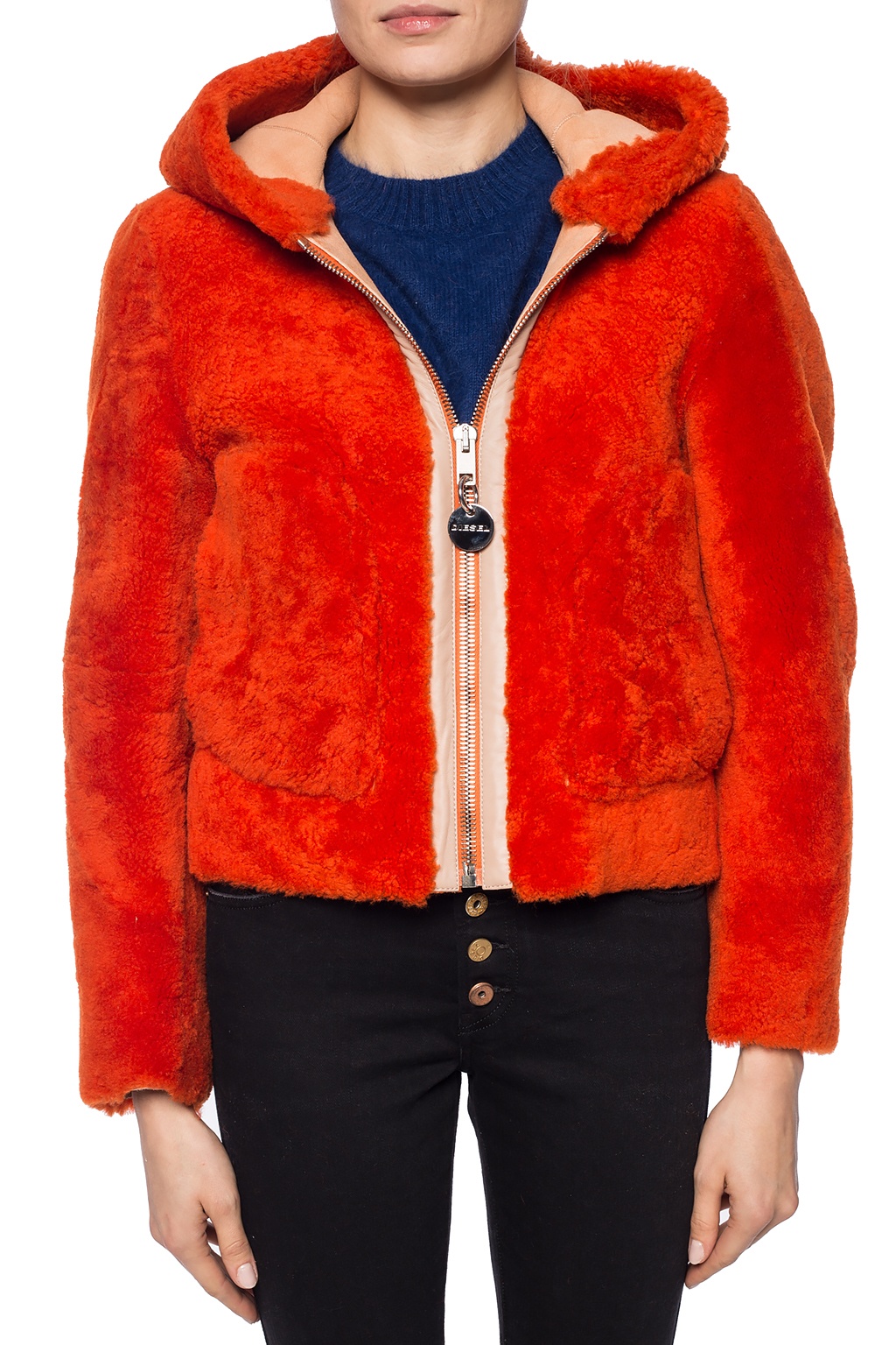 orange shearling jacket