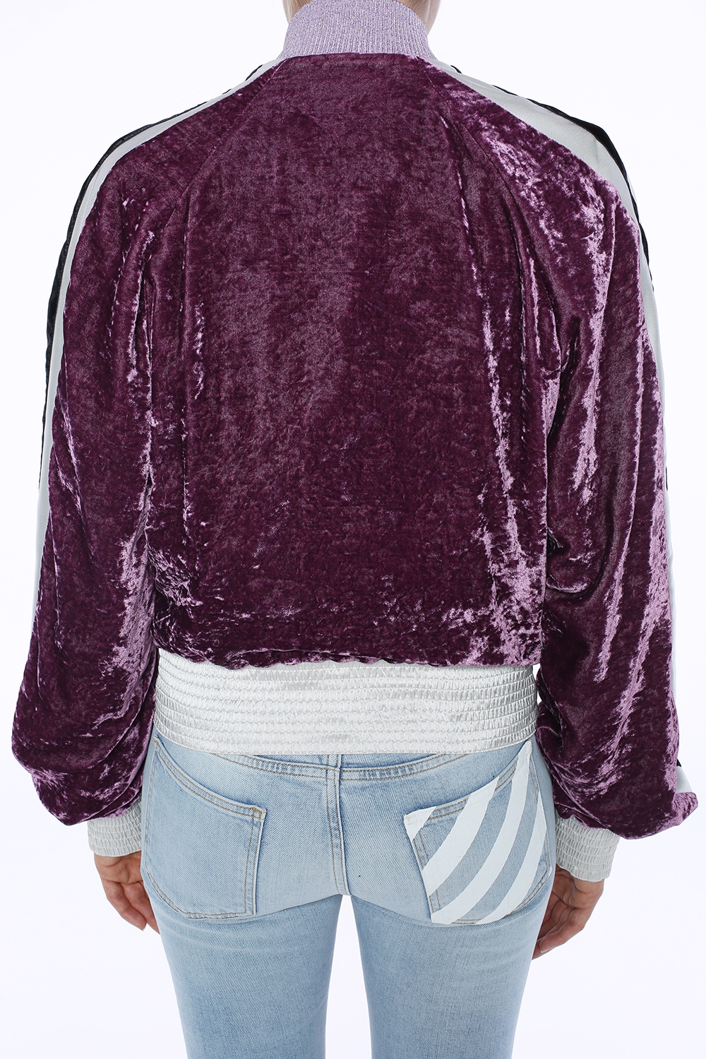 white and purple bomber jacket