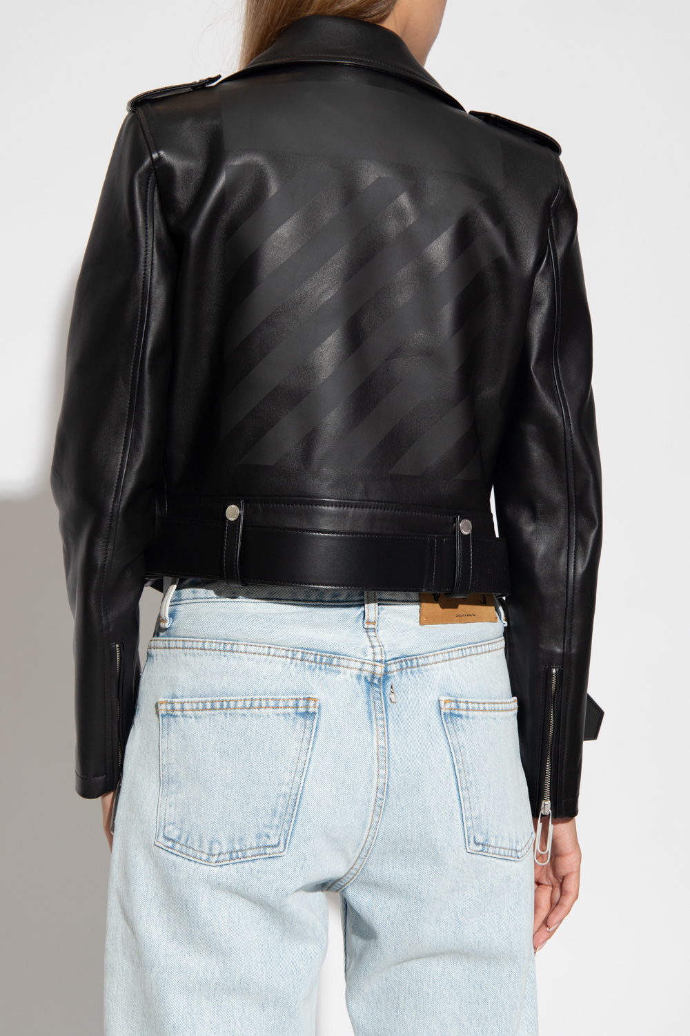 Off-White Leather biker Sequoia-Print jacket