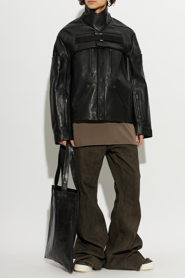 Rick Owens Men's Black Leather Jacket with High Collar by Rick Owens