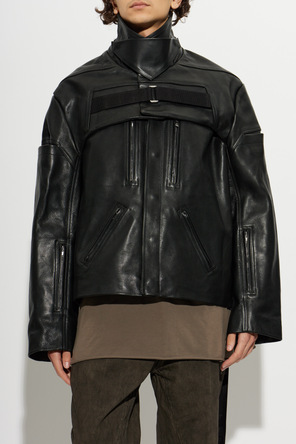 Rick Owens Men's Black Leather Jacket with High Collar by Rick Owens