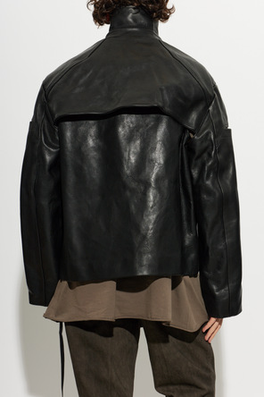 Rick Owens Men's Black Leather Jacket with High Collar by Rick Owens