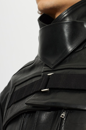 Rick Owens Men's Black Leather Jacket with High Collar by Rick Owens