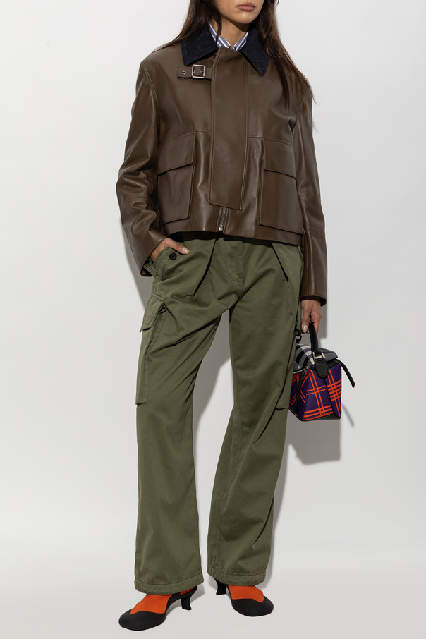 Loewe Women's Olive Green Leather Jacket with Navy Corduroy Collar by Loewe