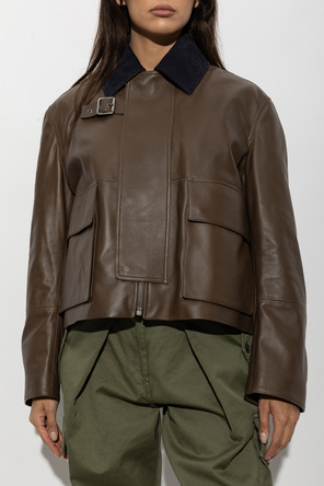 Loewe Women's Olive Green Leather Jacket with Navy Corduroy Collar by Loewe