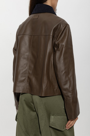 Loewe Women's Olive Green Leather Jacket with Navy Corduroy Collar by Loewe