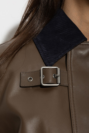 Loewe Women's Olive Green Leather Jacket with Navy Corduroy Collar by Loewe