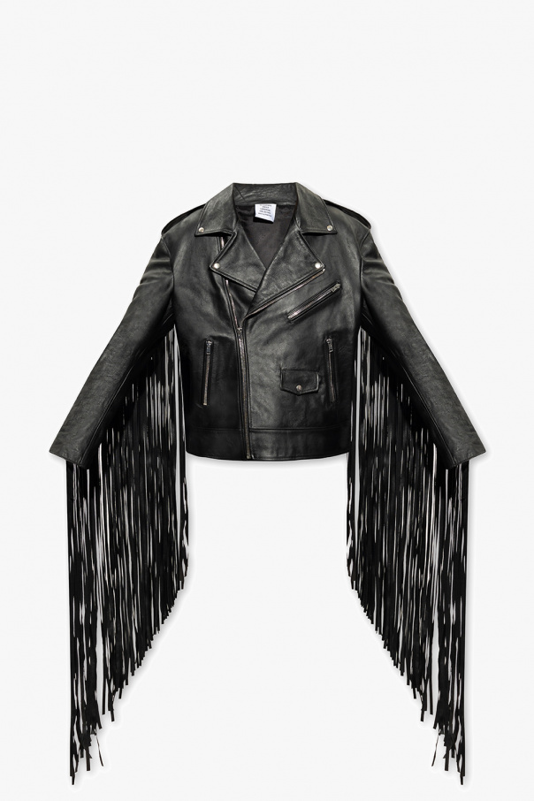 VETEMENTS Leather jacket embroidery-script with fringes