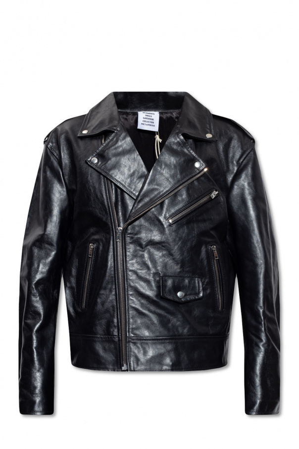 Men's Clothing | VETEMENTS Leather biker jacket | StclaircomoShops |  monogram motif check panel T-shirt