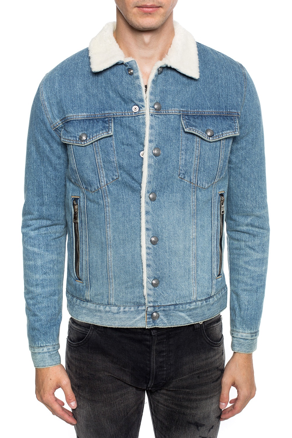 Balmain Men's Embossed Denim Jacket w/ Shearling Collar