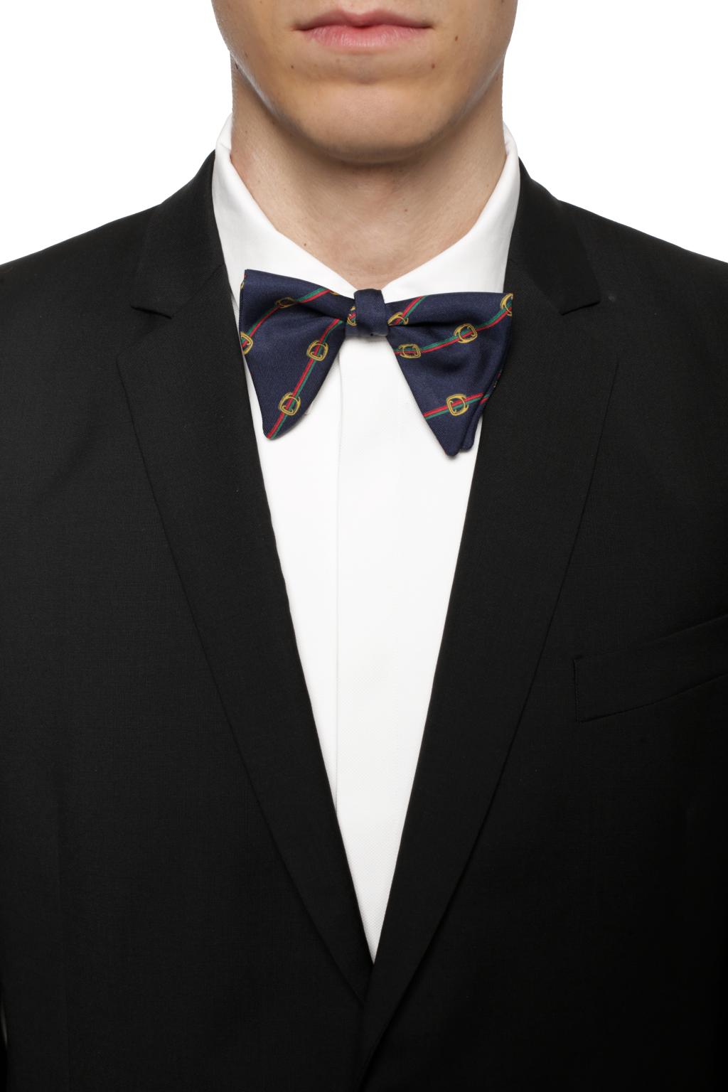 Gucci Horsebit-print Silk-twill Bow Tie In Navy