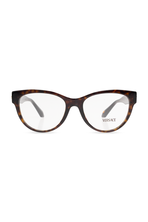 Eyeglasses with a full frame and slightly rounded cat-eye profile od Versace