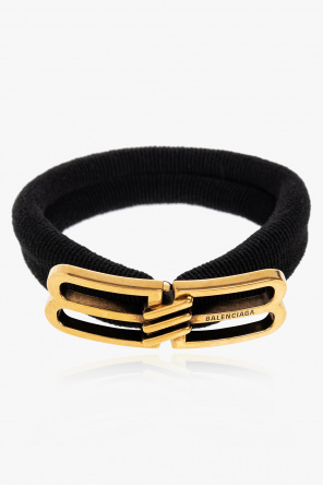 Balenciaga Black hair tie with a brass BB logo appliqué in antique gold-tone from