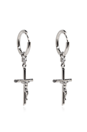 Earrings with a pendant featuring a religious motif