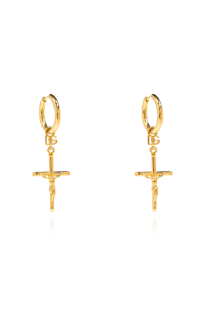 Earrings with pendant featuring a religious motif