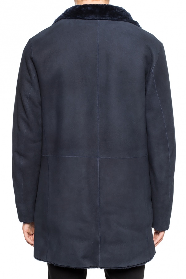 Reversible Navy Blue Shearling Coat With Pockets Jacket 