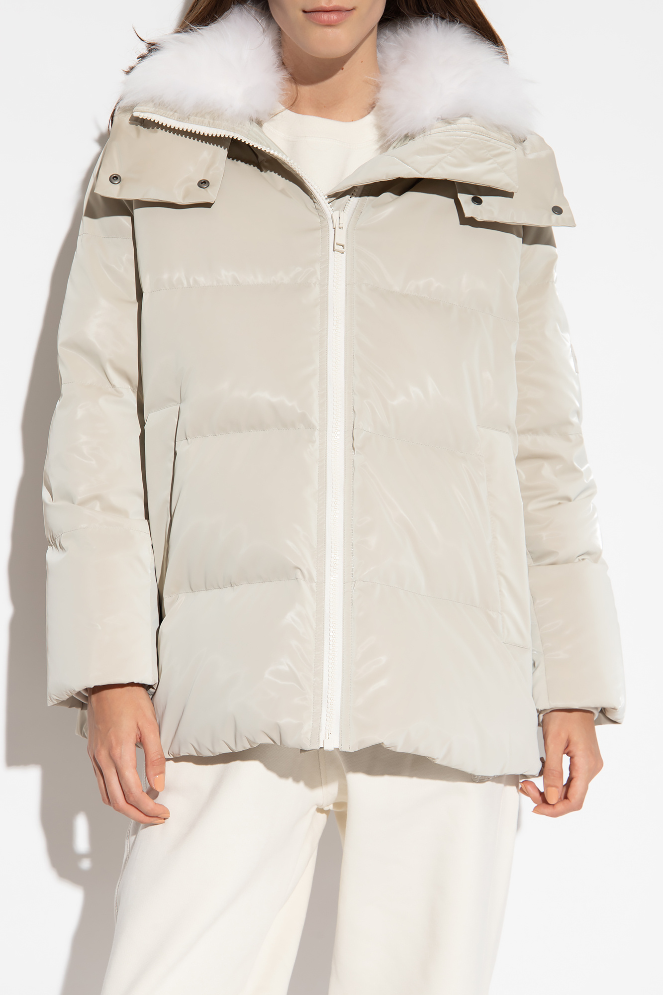 Womens Yves Salomon white Fur-Trim Puffer Jacket with Gloves