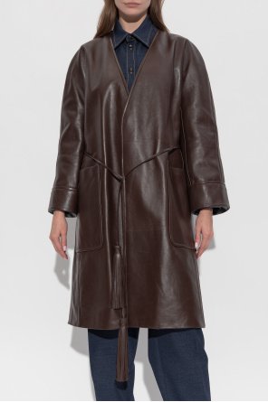 Bottega Veneta Skórzany płaszcz wiązany sznurkiem z trokami