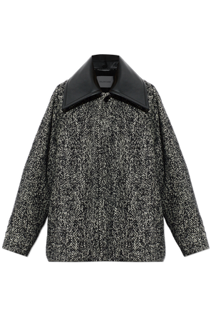 Wool jacket with leather collar