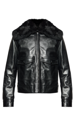 Leather jacket with fur collar