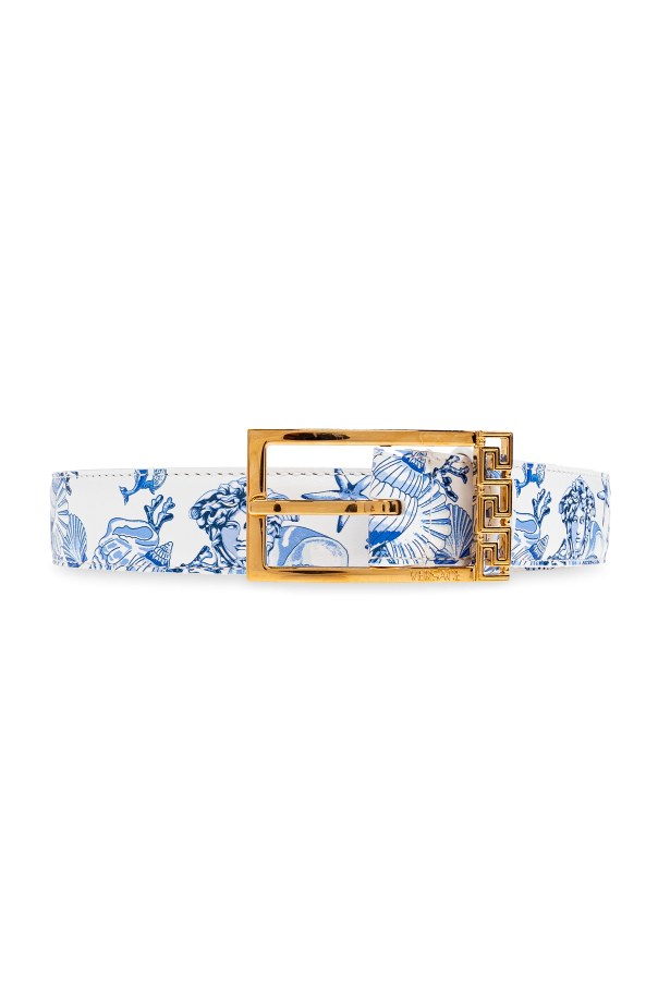 Leather belt with `Coral Theatre Allove` print od Versace