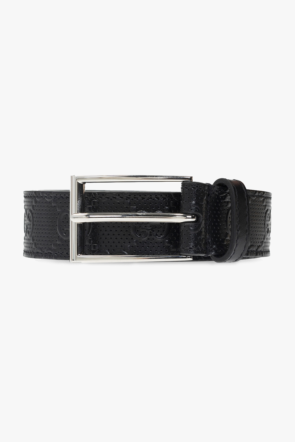 Gucci Silver Buckle Black Embossed Leather Belts