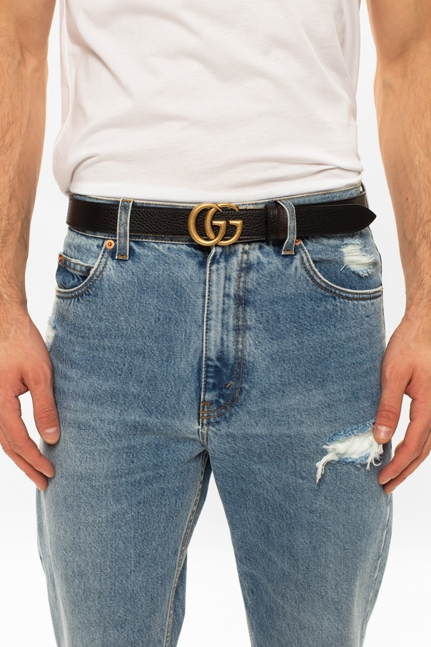 gucci ebene Leather belt with logo