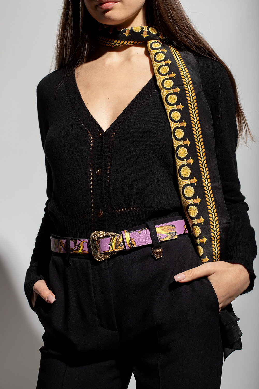 floral long-sleeve maxi dress Leather belt with logo