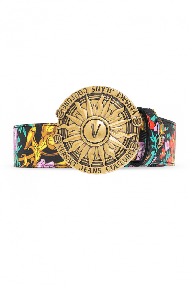 Versace Jeans Couture round buckle belt in black Belt with ‘Sun Flower Garland’ print