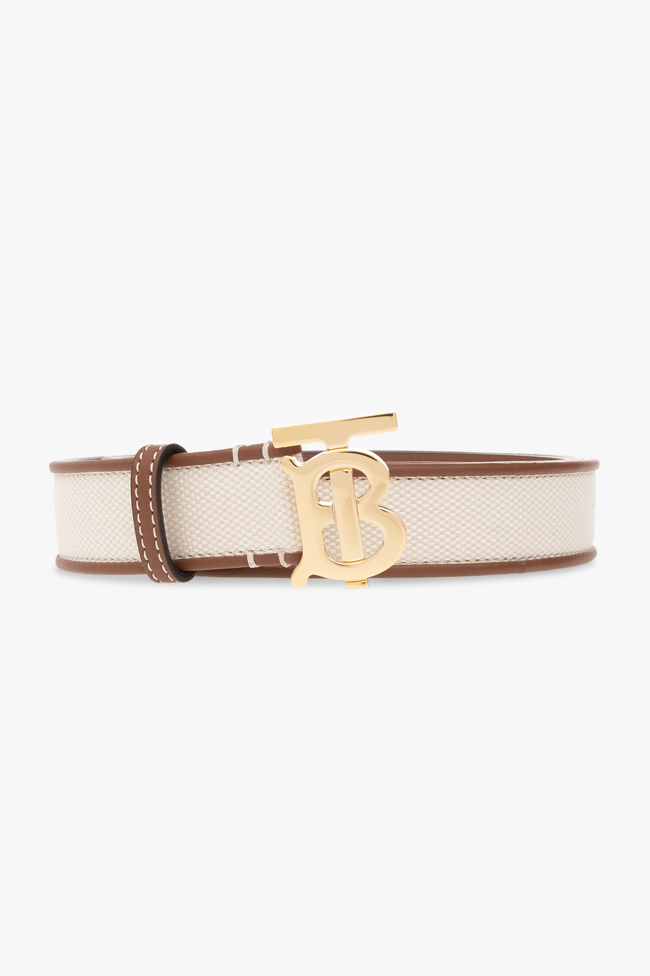 Canvas and Leather TB Belt in White/tan/gold - Women