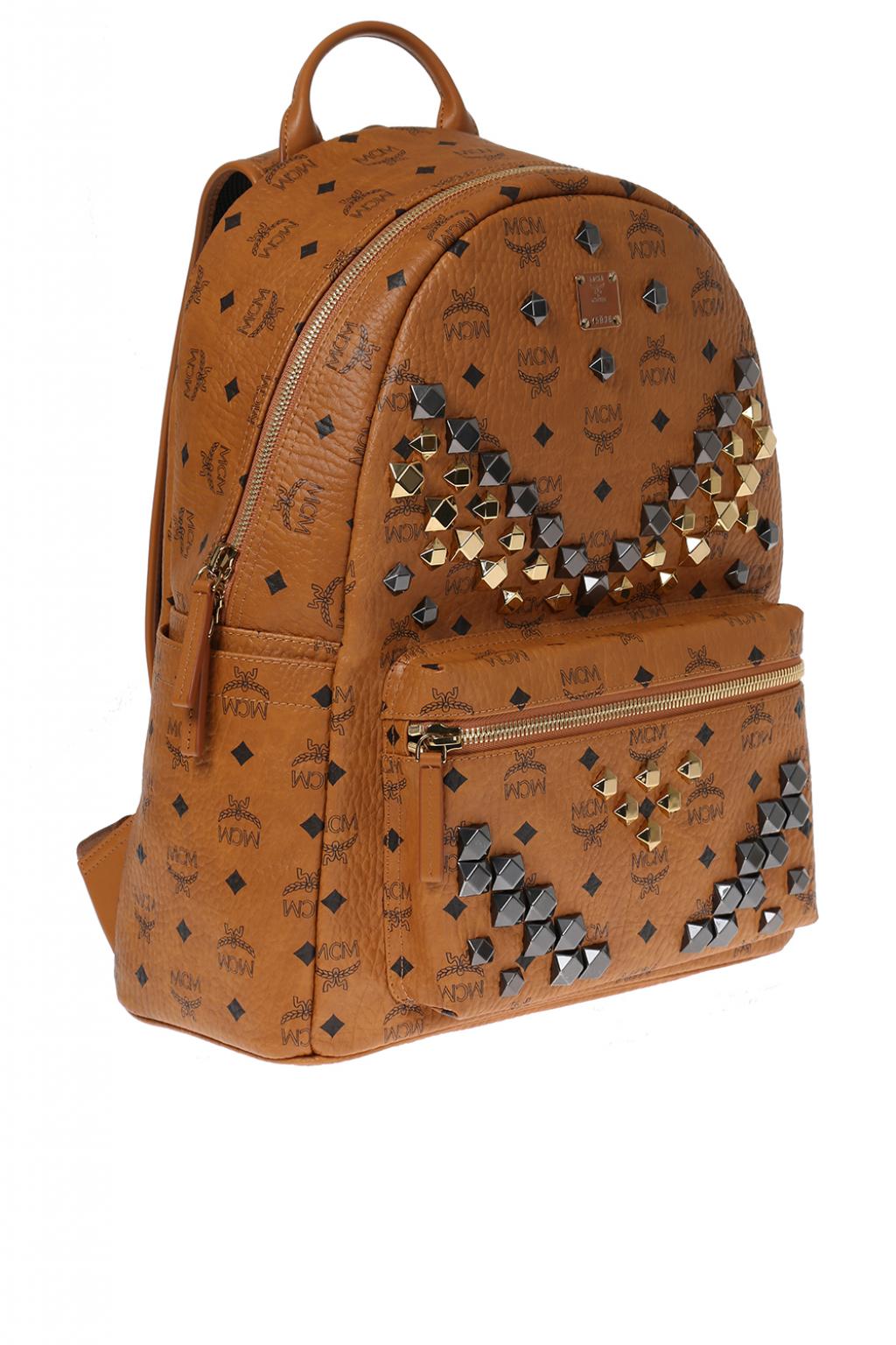 MCM Cognac Brown Visetos Stark Leather Backpack