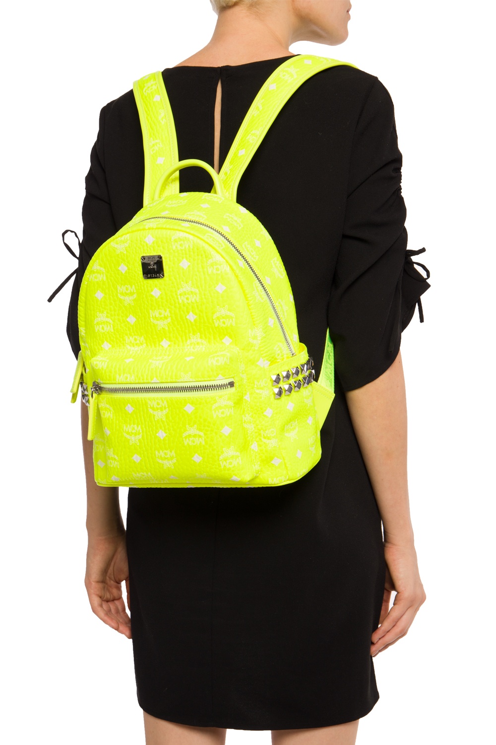 MCM Backpack Stark Visetos Neon Yellow in Coated Canvas with