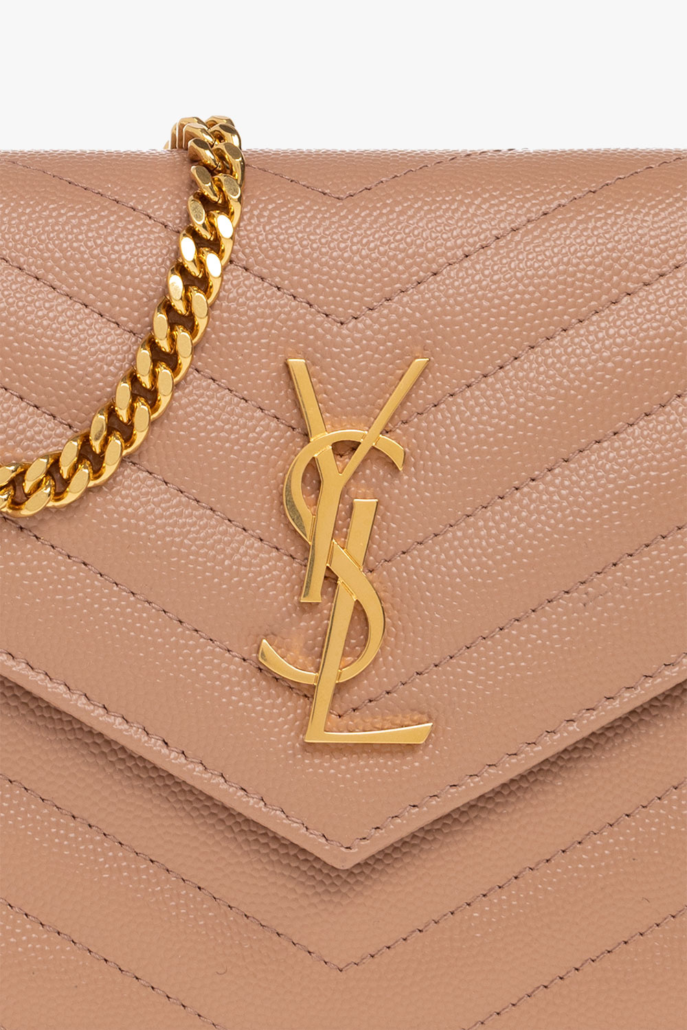 Beige Chain-strap YSL-plaque grained-leather wallet