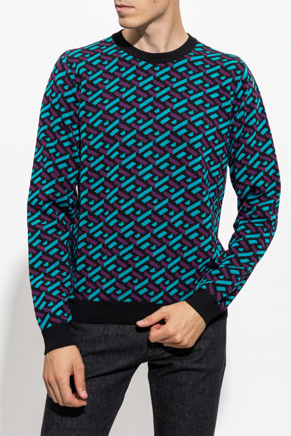 Versace La Greca Rainbow Monogram Wool Blend Sweater Multicolor
