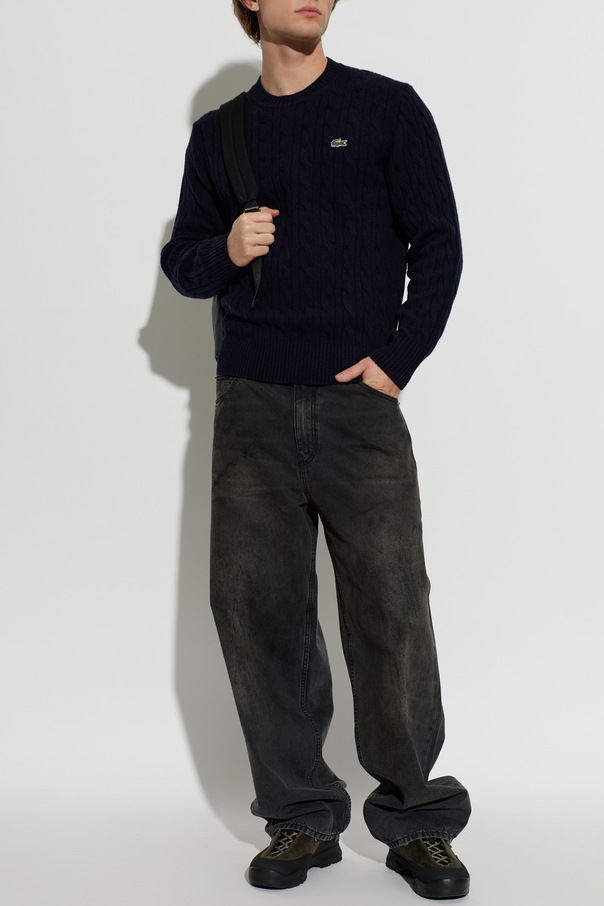 Lacoste Navy Wool Cable Knit Crew Neck Jumper