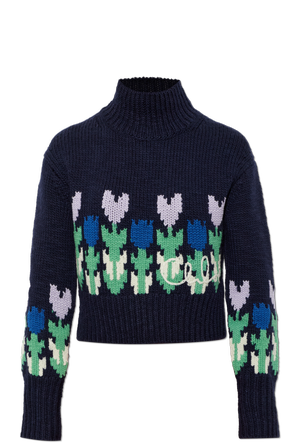Jersey de cuello alto de lana con motivo floral