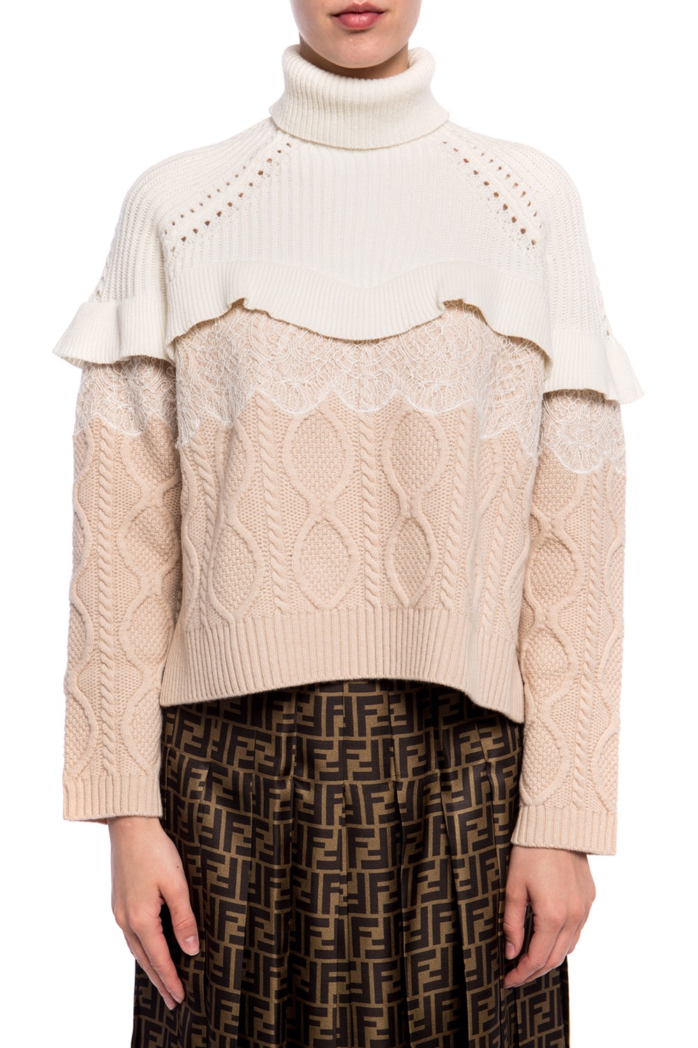 Lace-trimmed ribbed turtleneck sweater 