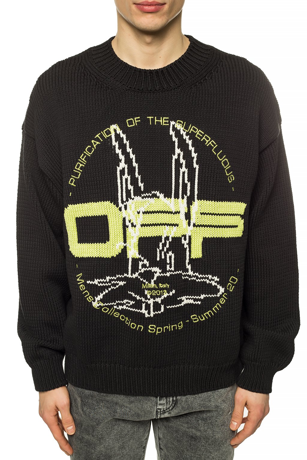 off white black and green sweater
