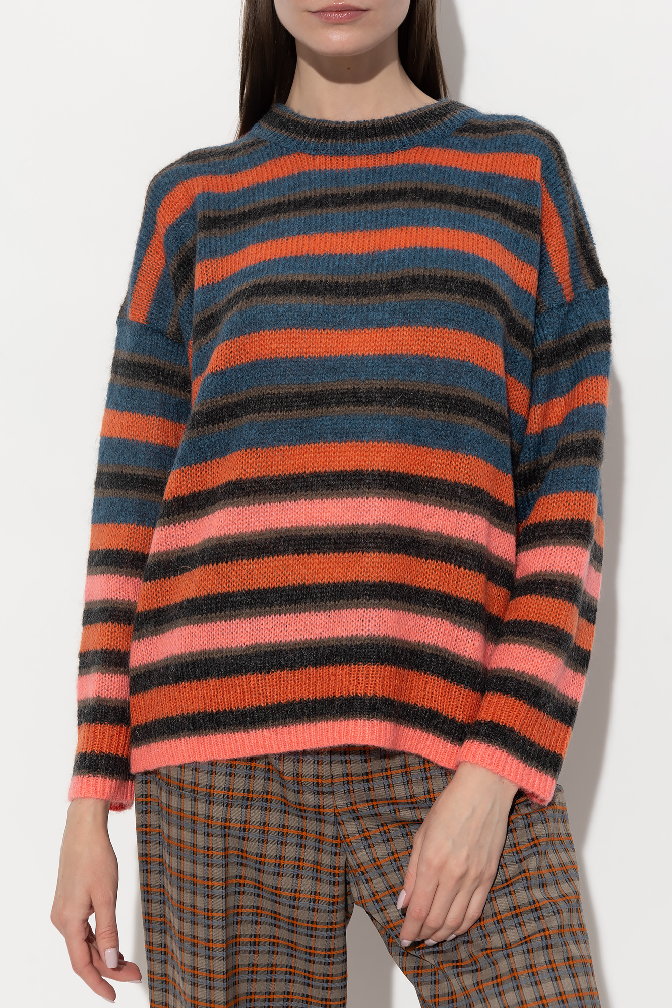 Greg Lauren denim-trim utility jacket Striped sweater