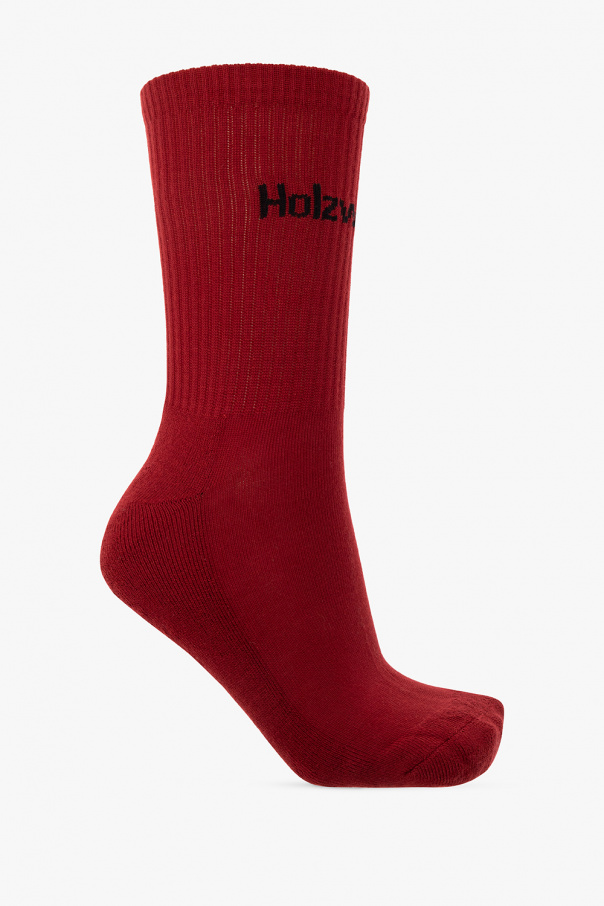 Holzweiler Red socks with a black logo embroidery and ribbed cuffs from