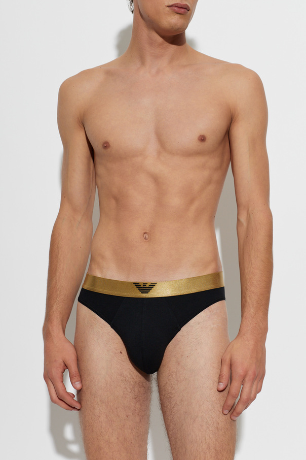 Emporio Armani Black Cotton Briefs with Gold Waistband and Designer Logo