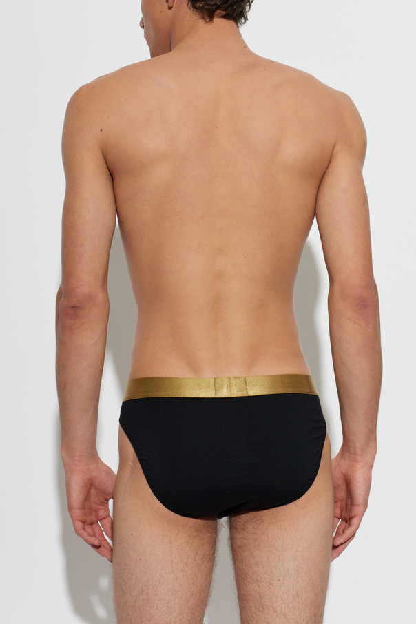 Emporio Armani Black Cotton Briefs with Gold Waistband and Designer Logo