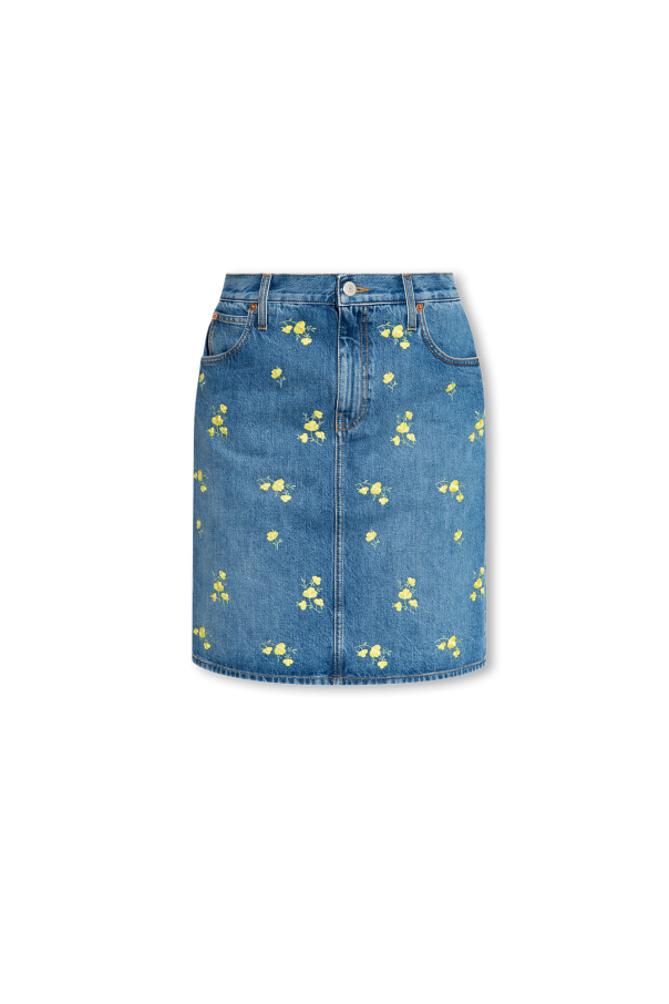 Denim skirt with floral motif od embroidered Gucci