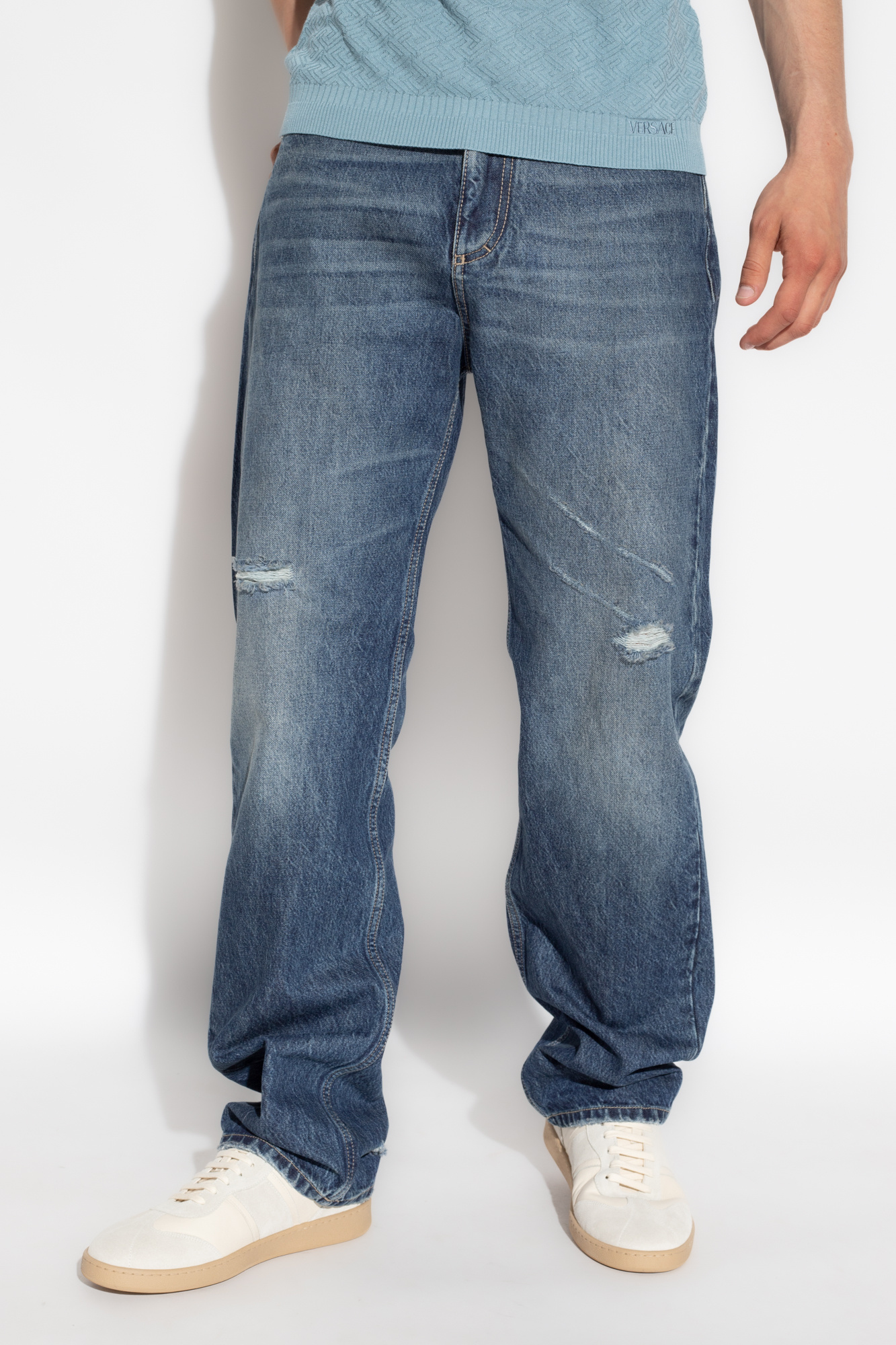Distressed Hem Rigid Straight Leg Jeans - IetpShops Bulgaria - Blue Jeans  with vintage effect FERRAGAMO
