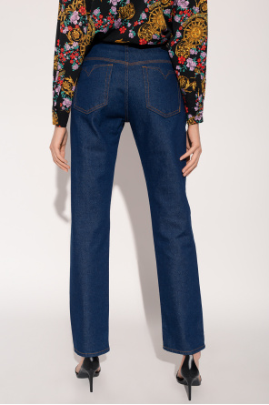 Vila polka dot midi shirt dress with crochet insert in birch 'Slim' jeans