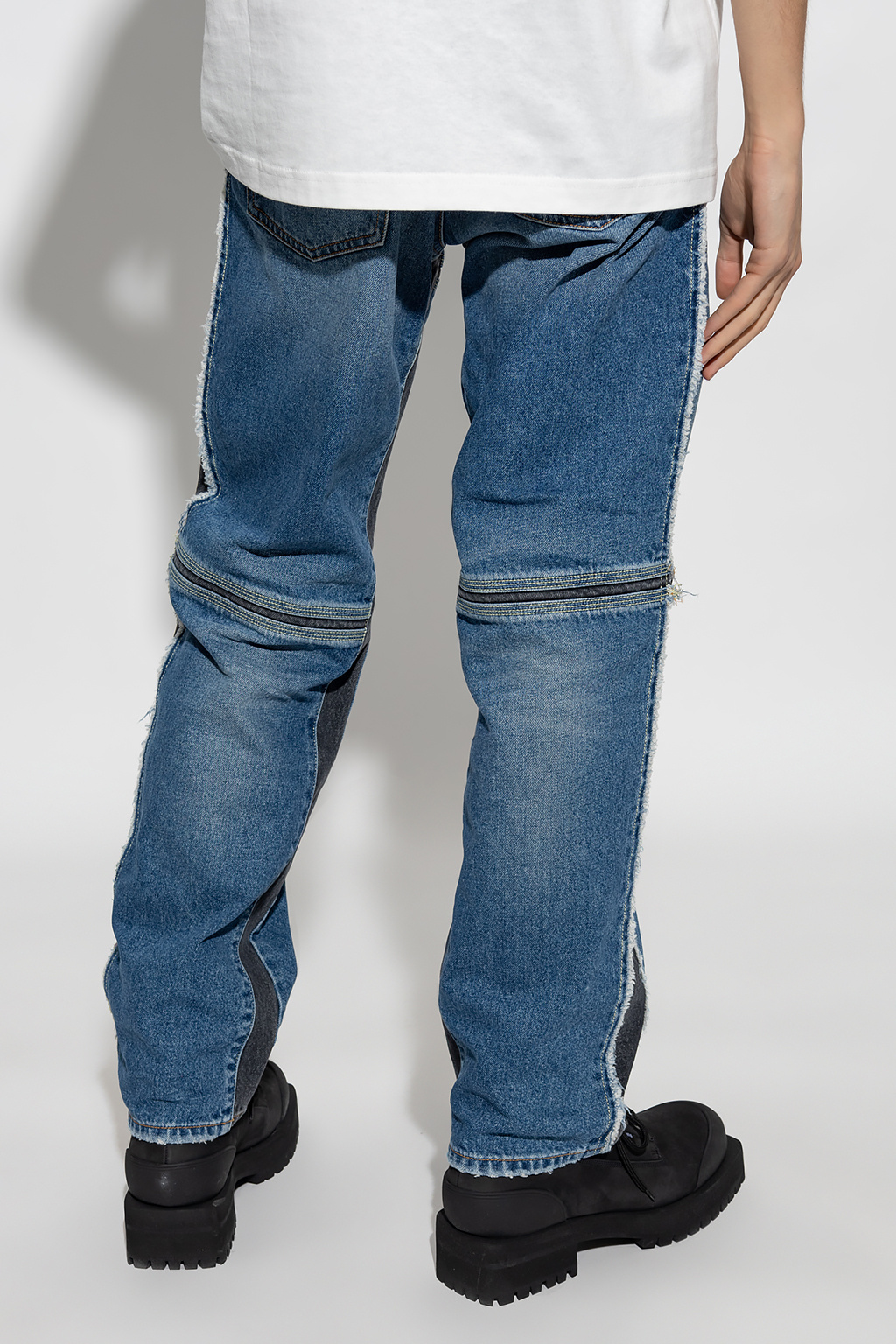 BALENCIAGA Hybrid Wide-Leg Distressed Panelled Denim and Cotton