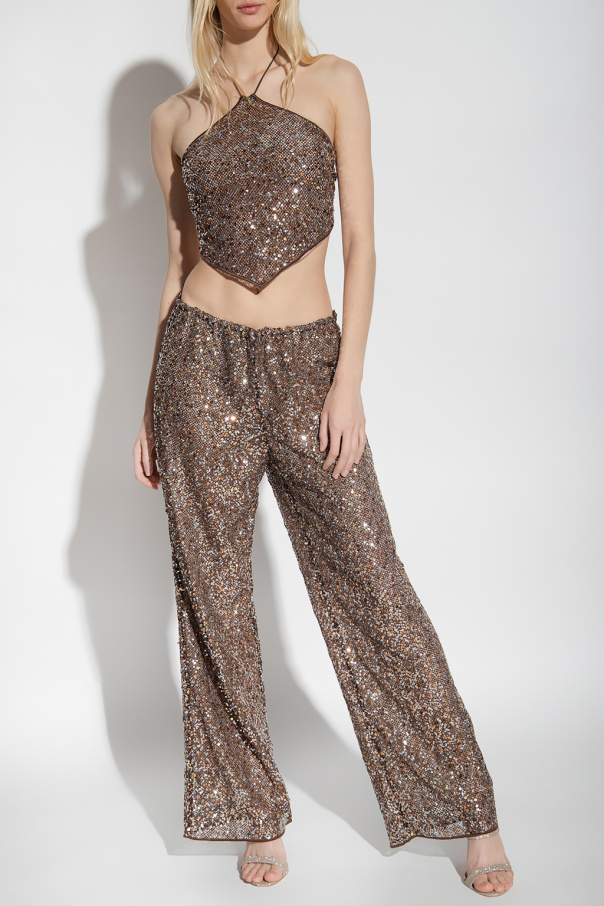 Oseree Sequinned wax-coated trousers