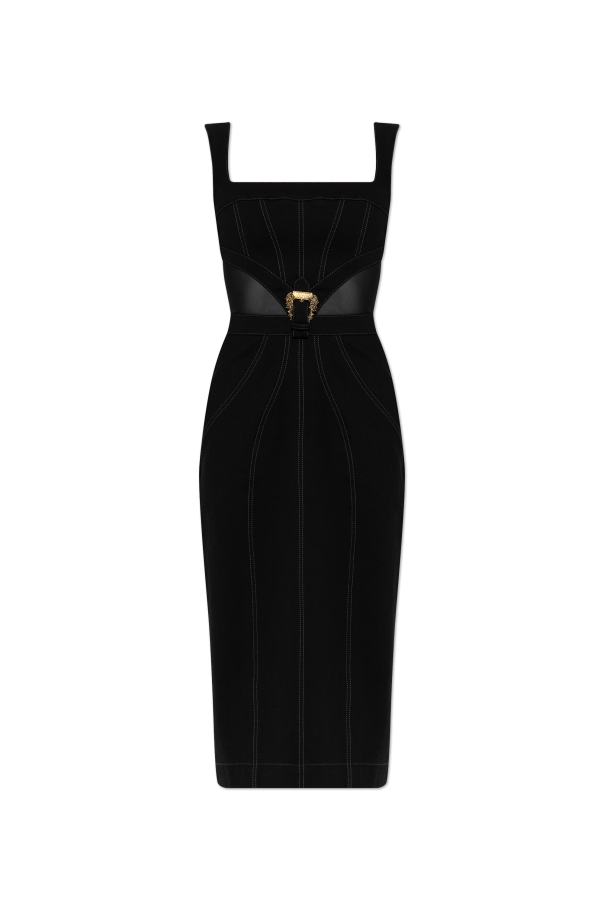 Denim dress with transparent inserts at the waist od Versace Jeans Couture